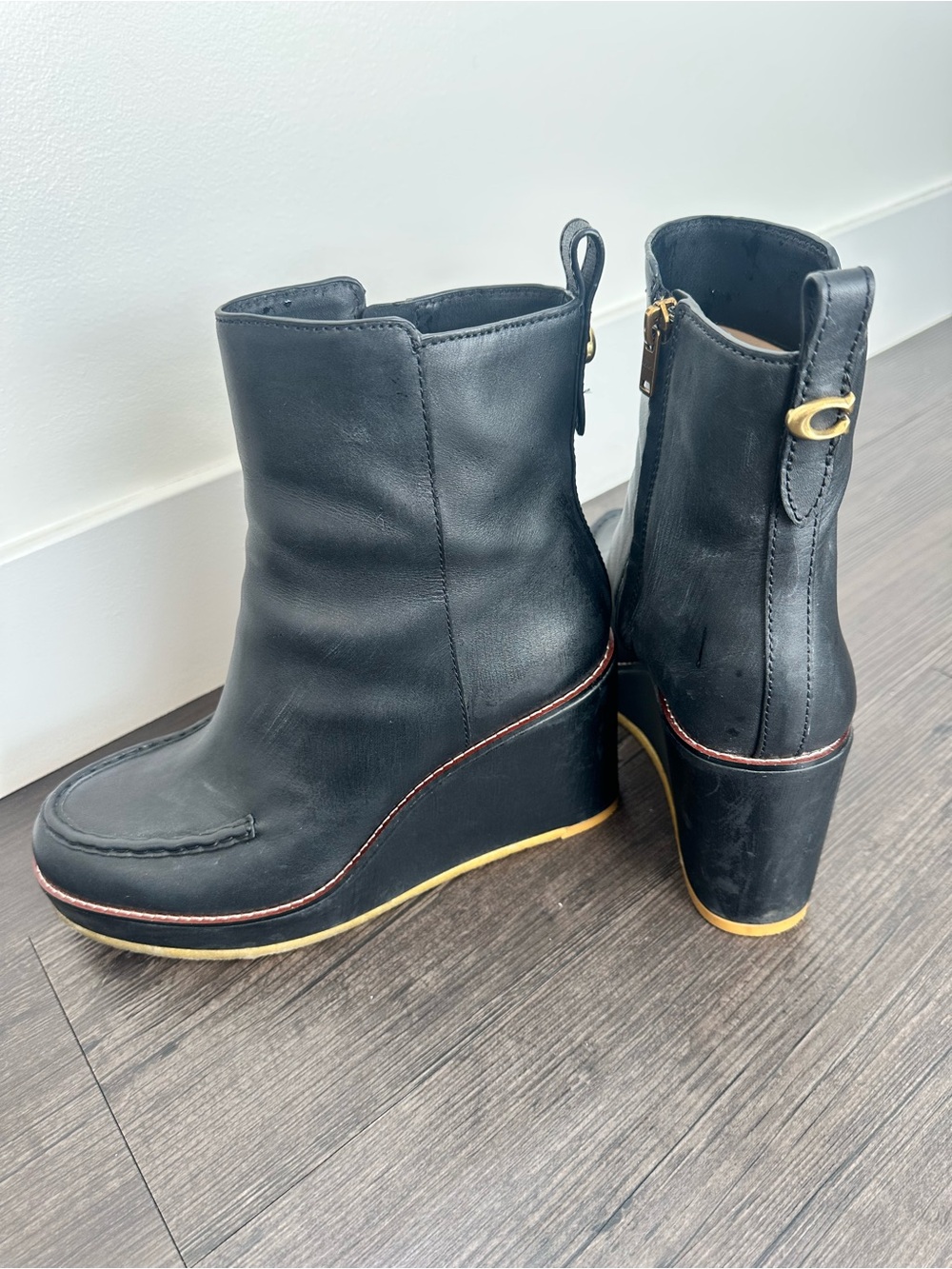 Coach Black Leather Wedge Ankle Boots Gold C Size 10
